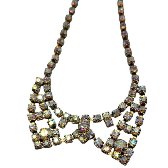 Aurora Borealis Rhinestone Necklace 14" Vintage Irridescent Glowing Chain - Picture 11 of 14